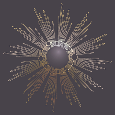 Rays of light as a halo. Hand drawn vector illustration isolated on black in vintage engraved style. Line art tattoo template. Scrapbook element. Symbol of pride and glory and divine lightのイラスト素材