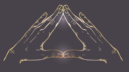 Human hands make triangle shape. Vector illustration. Illuminati sign. Sacred geometry. Religion, spirituality, occultism.のイラスト素材