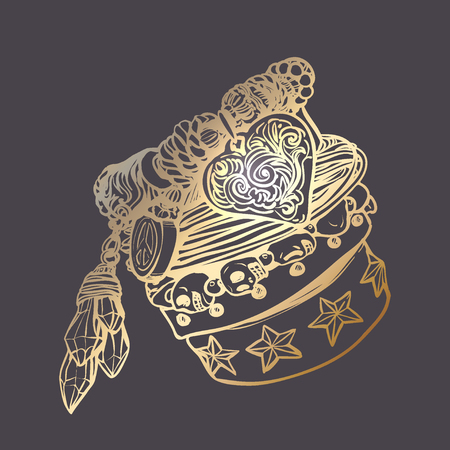 Set of friendship hippie bracelets. Vector illustration gold over dark. Accessories with gems, tassels. Vintage boho style, sixties. Details. Youth summer fashion, bohemian, hippy vibes.のイラスト素材