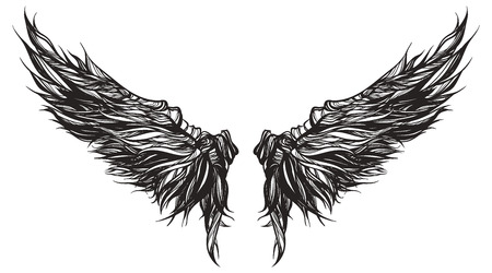 Magnificent wingspan of fantasy demon or monster. Sketch for tattoo, hipster t-shirt design, vintage style posters. Coloring book for kids and adults.のイラスト素材