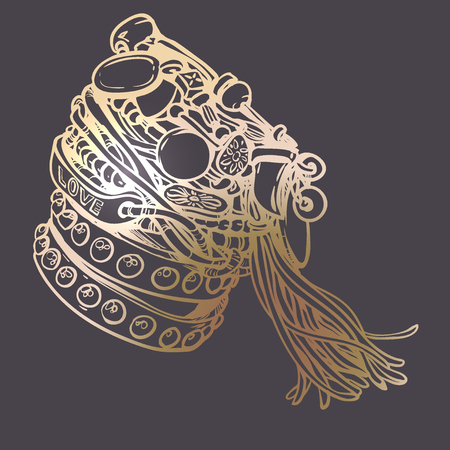 Set of friendship hippie bracelets. Vector illustration gold over dark. Accessories with gems, tassels. Vintage boho style, sixties. Details. Youth summer fashion, bohemian, hippy vibes.のイラスト素材
