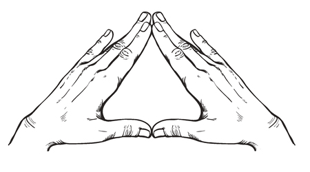 Human hands make triangle shape isolate on white background. Illuminati sign. Vector Sacred geometry. Religion, spirituality, occultism, science, alchemy magic. Coloring book for kids and adults.のイラスト素材