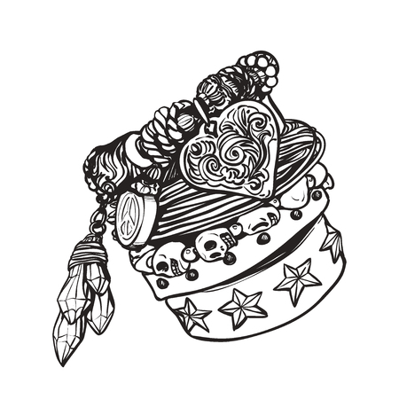 Set of friendship hippie bracelets. Vector illustration. Accessories with gems, tassels. Vintage boho style, sixties. Details. Youth summer fashion, bohemian, hippy vibes.のイラスト素材