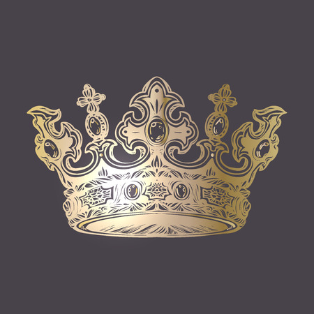 Filigree high detailed imperial crown. Element for design logo, emblem and tattoo. Vector illustration Royal gold symbol over dark background.のイラスト素材