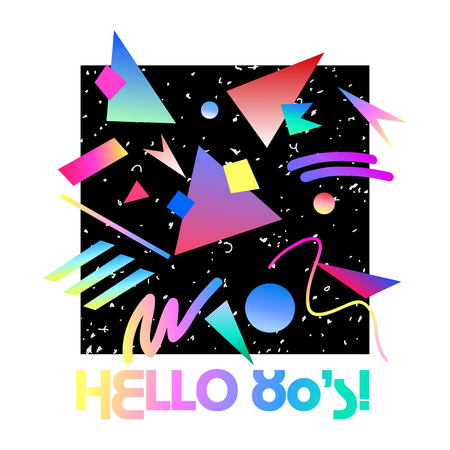 Abstract retro background with lettering HELLO 80'S !. Memphis geometric fashion style. Hip Hop style good for vintage textile fabric design, wrapping paper stickers and patch. Vector illustration.のイラスト素材