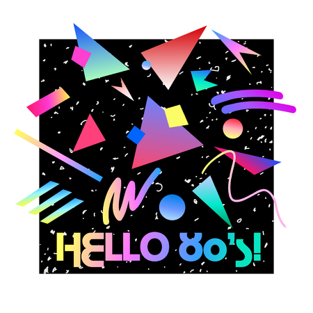 Abstract retro background with lettering HELLO 80'S !. Memphis geometric fashion style. Hip Hop style good for vintage textile fabric design, wrapping paper stickers and patch. Vector illustration.のイラスト素材