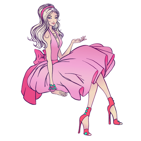 Sitting glamor pretty girl. Fashion vector illustration isolated on white. Birthday card invitation design template. Fancy blonde woman in elegant dress. Hens party. Lady in pink.のイラスト素材