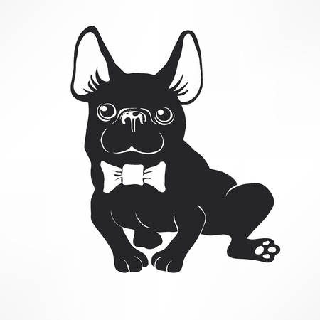 Cute and funny cartoon puppy French Bulldog with bow-tie. Vector illustration for sticker, patch or as a print. Hand drawn elements for congratulation. Hipster insignia in comic styleのイラスト素材