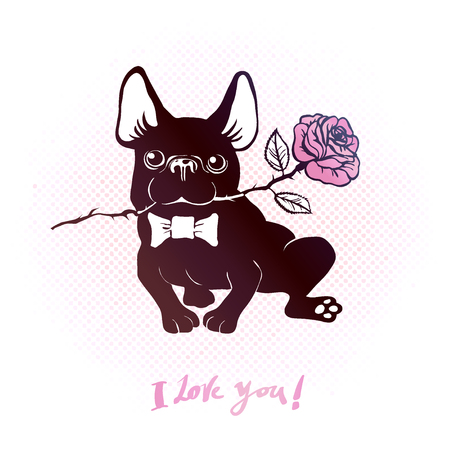 Cute and funny cartoon puppy French Bulldog with bow-tie and roses. Lettering I LOVE YOU! Vector illustration. Hand drawn elements for congratulation. Hipster insignia in comic styleのイラスト素材