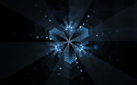 illustration blue snowflake with curly patterns with blue rays radiating from the center and balls with bokeh effectの写真素材