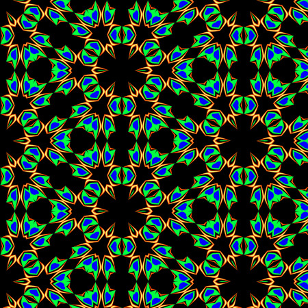 vector pattern fractal green delicate petals with a blue heart on a black backgroundのイラスト素材