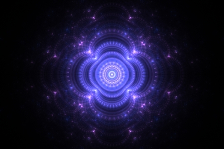 fractal abstract glowing purple flower with a circular pattern inside and pink highlights on a black backgroundの写真素材