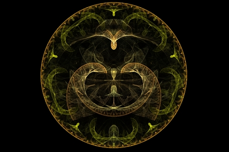 fractal abstract emblem sign symbol coat of arms round shape, dark yellow color on a black background with green and yellow patterns inside the circle consisting of different geometric shapesの写真素材