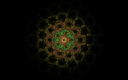 Fractal cinquefoil with green petals and loop round the middle of the color in the frame of dark orange and brown patterns in the form of a honeycomb on a black background.の写真素材