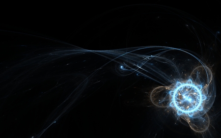 fractal abstract illustration of blue sparkling propeller with three blades with a blue circle in figure and bright highlights with screw-gray smoke around the fan on a black background.の写真素材