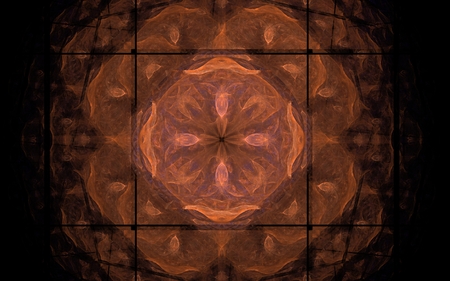 Abstract symmetrical flower orange square with brown patterns on a black backgroundの写真素材