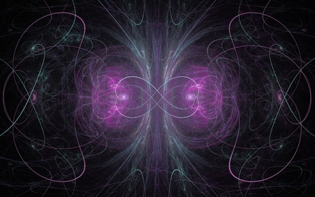 a symmetrical pattern of intertwined lines of white, red, purple, blue, green, vintage style on a black backgroundの写真素材