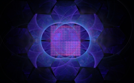 abstract space purple symbol on the black background consisting of figures of different shapes with a hole inside and eroded bars on the pink backgroundの写真素材