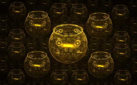 set of abstract pattern of yellow vases of various sizes with circular patterns on the sides on a black backgroundの写真素材