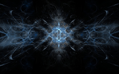 Abstract symmetrical character of the different geometric shapes of blue, white, beige color with symmetrical patterns on the sides of the illustrations on black backgroundの写真素材