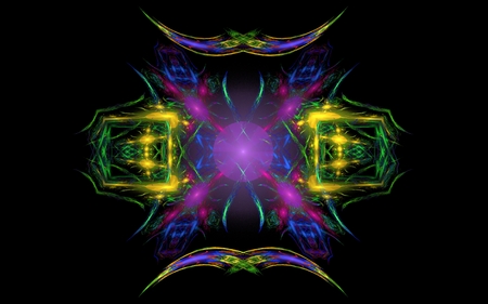 bright abstract emblem consisting of various geometric shapes and curves intersecting lines purple, yellow, blue, green, red on a black backgroundの写真素材
