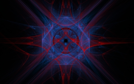 blue flower image framed by a square of patterned and red lines in the form of rays around on a black backgroundの写真素材