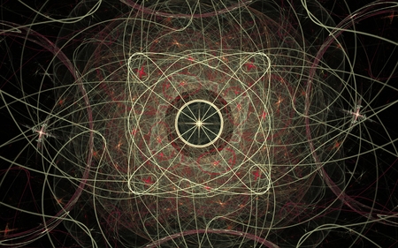abstract symmetrical weave thin yellow lines in the shape of a square with petals and a circle with a star inside and around of red semicircles on a black background.の写真素材