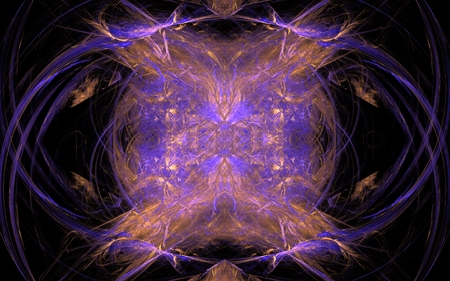 abstract image of chaotic intertwining lines of yellow, lilac color in the form of a coil with curved lines around on a black backgroundの写真素材