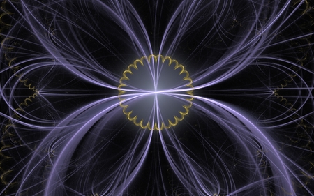 Illustration of an abstract flower with a yellow center and a set of repeating gray petals from blurred lines on a black backgroundの写真素材