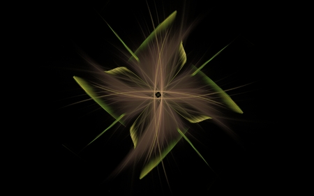 Abstract image of a fantastic symbol in the shape of a flower with a mid-dashed brown line and petals with a green rim and needles on a black background.の写真素材