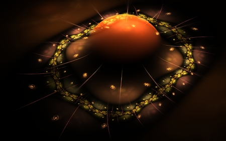 Abstract illustration of a volumetric ball with a gradient from yellow to black lying on a platform with a patterned rim of golden color with spikes on a dark background.の写真素材