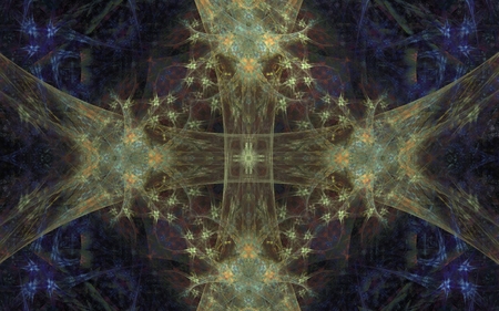 Image of an abstract pattern of intertwining beige ribbons with a blue background and ornament on themの写真素材
