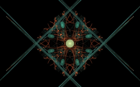 An abstract illustration in the center of which is a geometric figure consisting of brown lines in the form of a flower with a pearly core and intersecting blue lines around on a black background.の写真素材