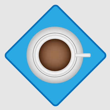 Vector illustration of a white cup with coffee on a saucer on a blue napkin with a blue border on a gray background top viewのイラスト素材