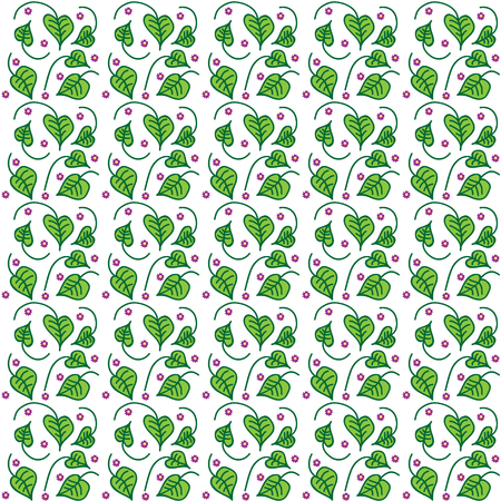 Vector illustration of a seamless texture with a picture of a bindweed with cuttings of green and lilac flowers between them with a yellow center on a white background.のイラスト素材