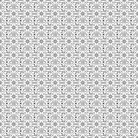 Vector illustration of a seamless texture of a vintage pattern of black contour lines, circles, asterisks, rectangles with abstract symbols on a white backgroundのイラスト素材