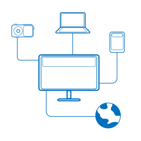 Vector illustration of electronic media devices painted with blue contour lines connected by lines on a white backgroundのイラスト素材