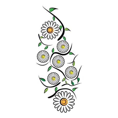 Vector illustration of a pattern of chamomile flowers, leaves and meandering stems on a white backgroundのイラスト素材