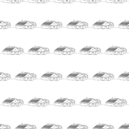 A vector illustration seamless pattern rural houses painted with outline lines on a white background arranged in a row.のイラスト素材