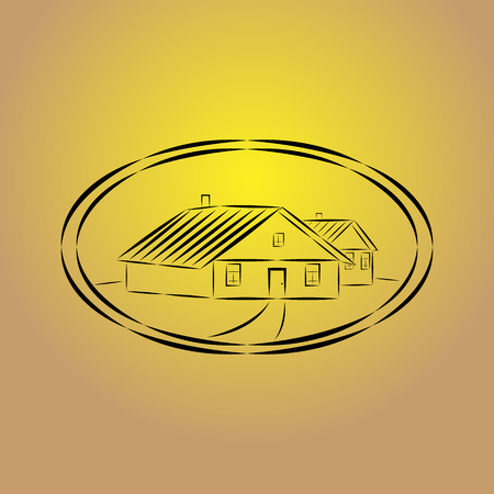 Vector illustration of a village house logo painted in black dashed lines with a path to the door in an oval with a double outline on a background of a yellow brown gradient.のイラスト素材