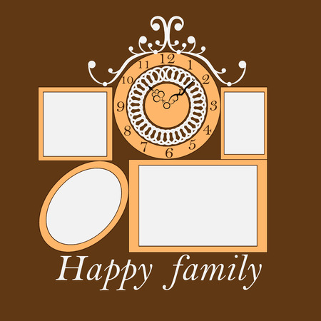 Vector illustration four frames under photos with a beautiful vintage mechanical clock on top with a white inscription under the frames on a brown backgroundのイラスト素材