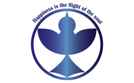 Vector emblem logo silhouette of a bird dark blue in a round stroke contour with the inscription happiness is a flight of the soul from above on a white backgroundのイラスト素材