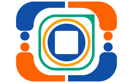 Vector abstract color logo from various geometric shapes of orange, green, blue, white in the form of an action camera on a white backgroundのイラスト素材