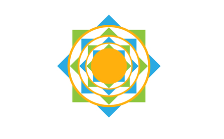 Vector illustration sun from geometric shapes green, blue, orange on white background.のイラスト素材