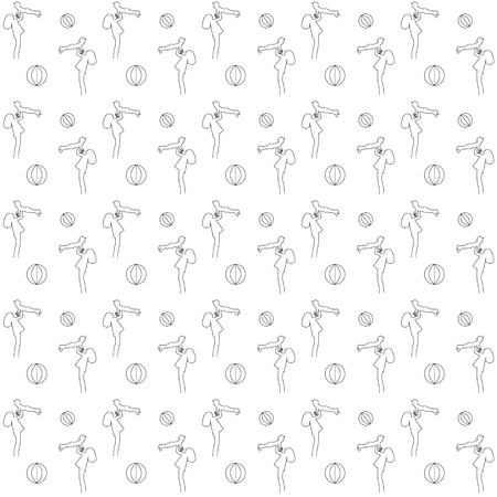 Vector illustration pattern on white background of girls with baby in hands and striped balls depicted with outline lines.のイラスト素材