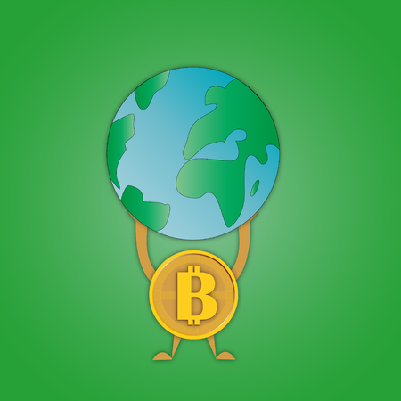 Image of coins bitcoin with a symbol in the middle that holds the planet Earth on hands symbolizing superiority over mankind.のイラスト素材