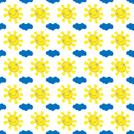 Seamless pattern of bright, joyful, smiling sun and blue cloud on white background.のイラスト素材
