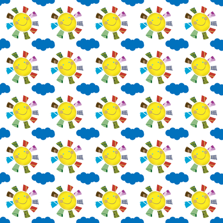 vector illustration seamless pattern yellow joyful sun with patchwork rays of different colors on a white background with blue cloud.のイラスト素材