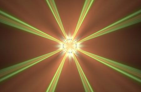 Abstract background image space portal with long green rays diverging from the center with a glowing middle and orange background.の写真素材