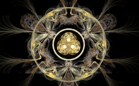 golden abstract emblem of geometric shapes in the form of two circles with a pattern around on a black background.の写真素材